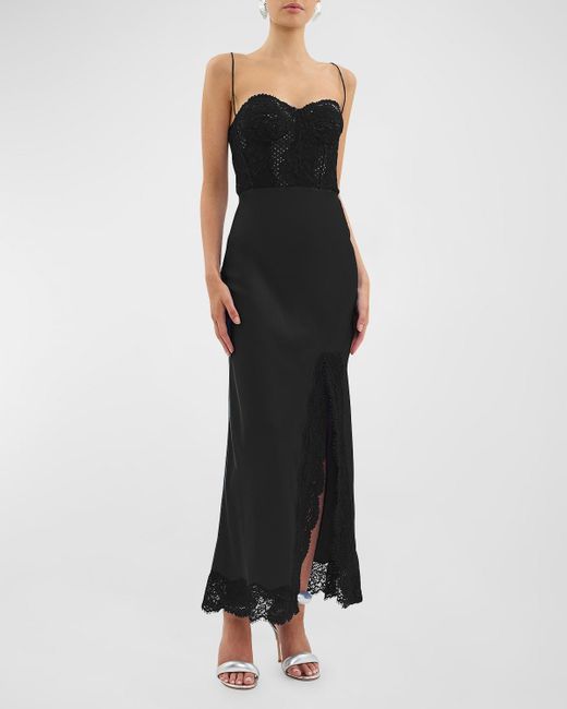Rebecca Vallance Black Larisa Lace-Embellished Silk Corset Gown