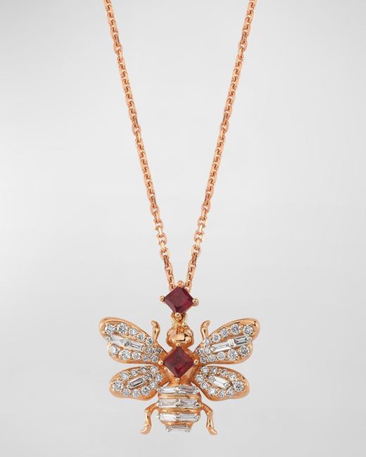 BeeGoddess White 14k Diamond And Ruby Bee Necklace