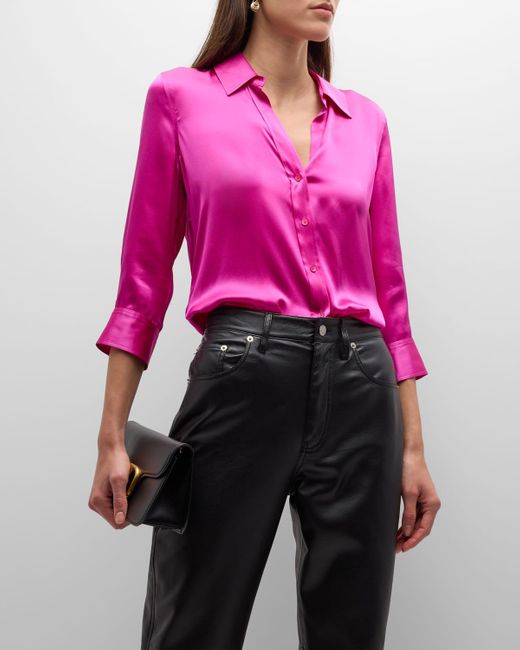 L'Agence Pink Dani Silk Satin 3/4-Sleeve Button-Down Blouse