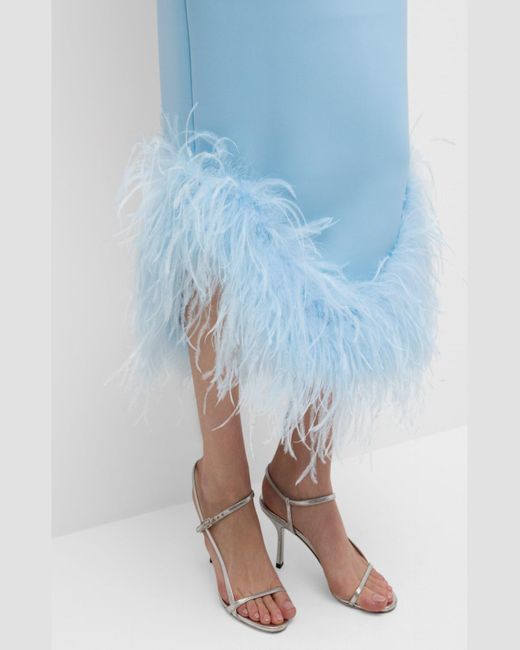 Jovani Blue Sleeveless Asymmetric Feather-Trim Midi Dress