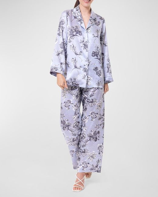 Christine Lingerie Blue Toile Jardin Floral-print Charmeuse Pajama Set
