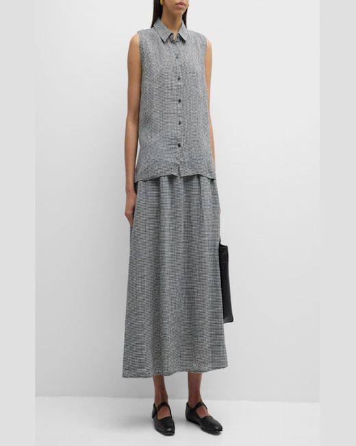 Eileen Fisher Gray Crinkled Gingham Organic Linen Midi Skirt