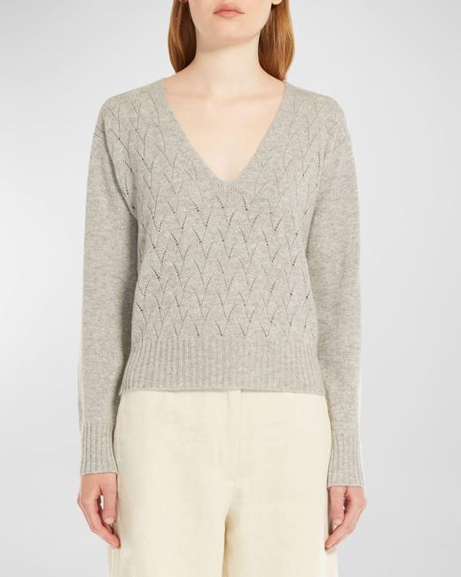 Max Mara Studio Gray Alaggio Pointelle Cable-knit V-neck Sweater