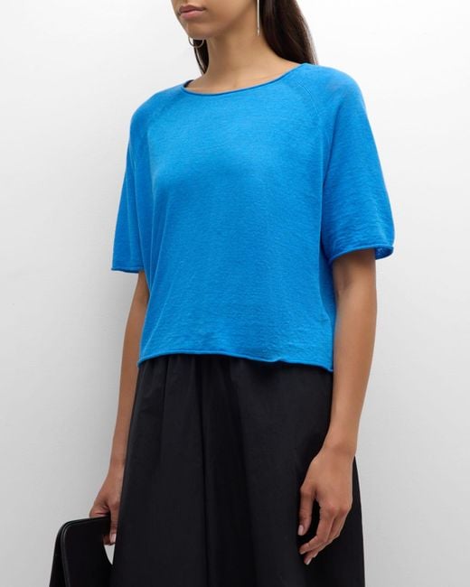 Eileen Fisher Blue Raglan-Sleeve Organic Linen-Cotton Pullover