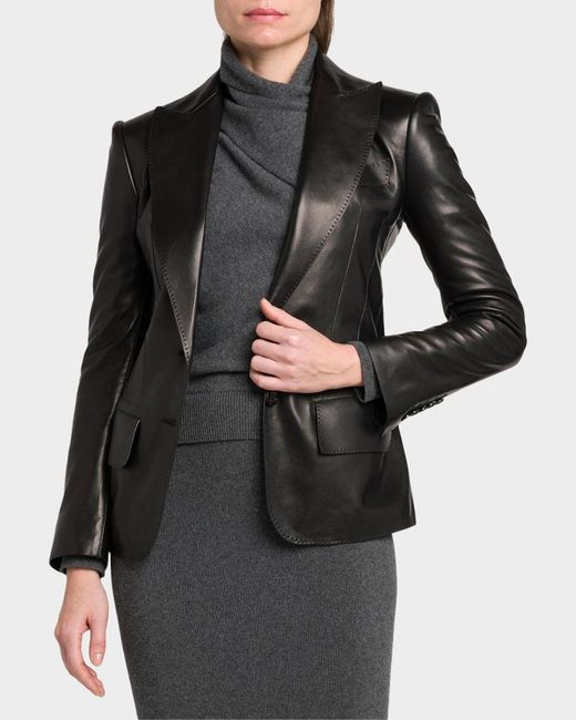 Tom Ford Black Leather Peak Lapel Jacket