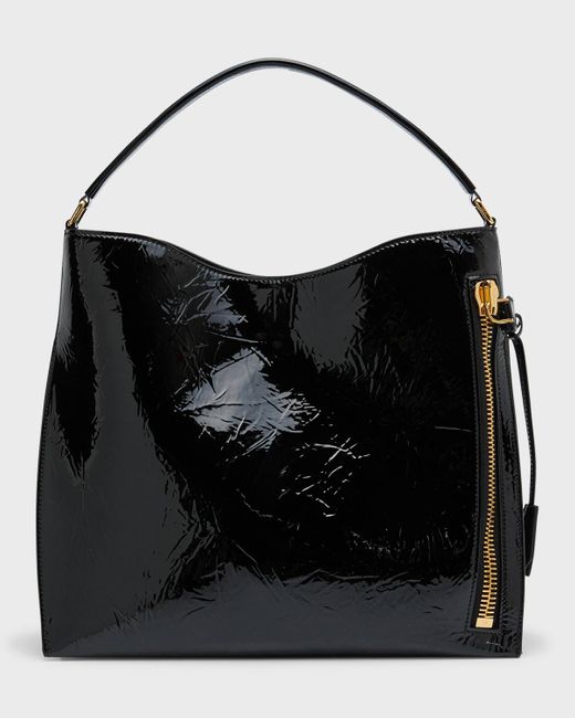 Tom Ford Black Alix Small Crinkled Patent Leather Hobo Bag
