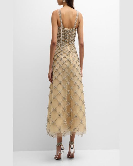 Oscar de la Renta Natural Grid And Bow Tea-Length Sleeveless Dress