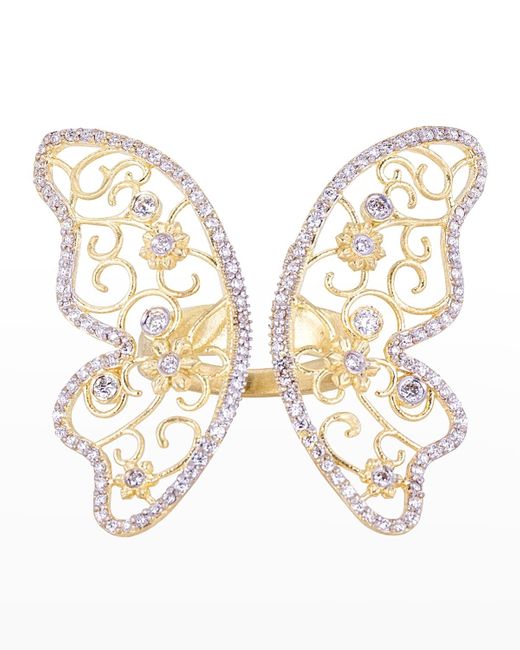 Tanya Farah Natural Garden Butterfly Ring With Champagne And White Diamonds In Yellow Gold
