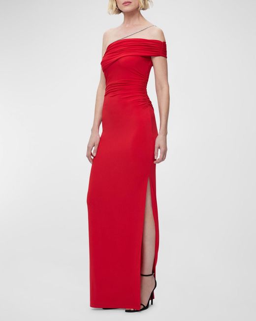 Hervé Léger Red Crystal Strap Ruched One-Shoulder Gown