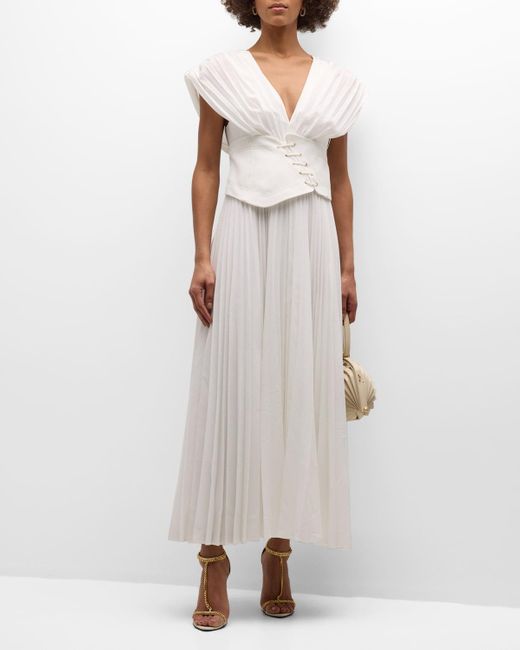 Acler White Airlie Pleated Corset Midi Dress