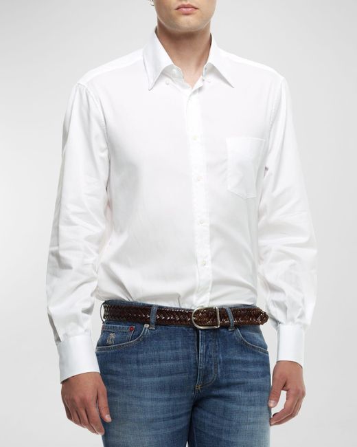 Brunello Cucinelli White Basic Fit Solid Sport Shirt With Button-down Collar for men