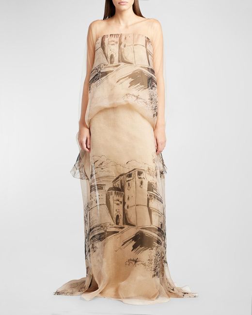 Alberta Ferretti Natural Printed Silk Long-sleeve Kaftan Illusion Gown