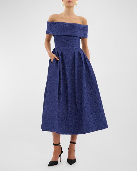 Rebecca Vallance Blue Helene Pleated Off-Shoulder Jacquard Midi Dress