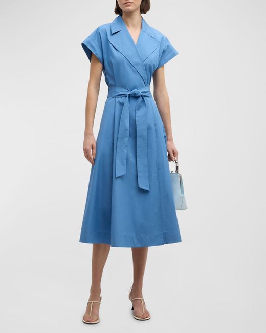 Lafayette 148 New York Blue Belted Organic Cotton Poplin Midi Wrap Dress
