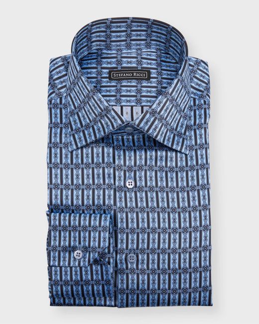 Stefano Ricci Blue Silk Geometric-print Sport Shirt for men