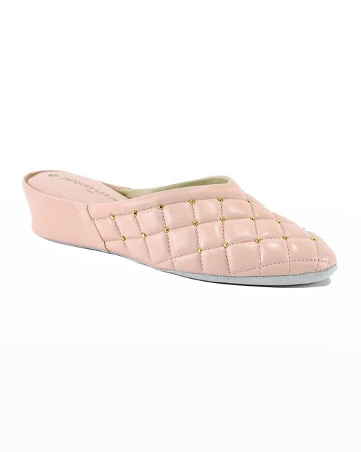 Jacques Levine Pink Quilted Leather Studded Slippers