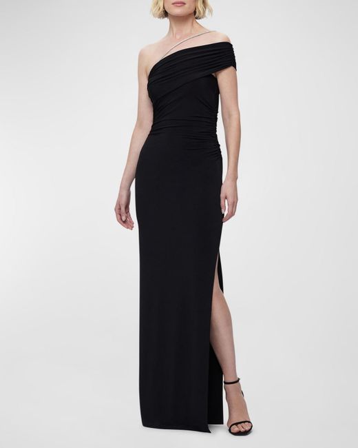 Hervé Léger Black Crystal Strap Ruched One-Shoulder Gown