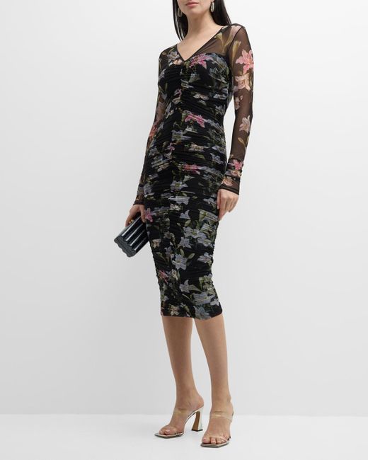 La Petite Robe Di Chiara Boni Black Amonia Illusion-Sleeve Floral-Print Midi Dress