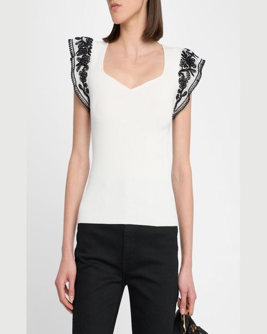 Tahari White The Emily Embroidered Flutter-Sleeve Sweater