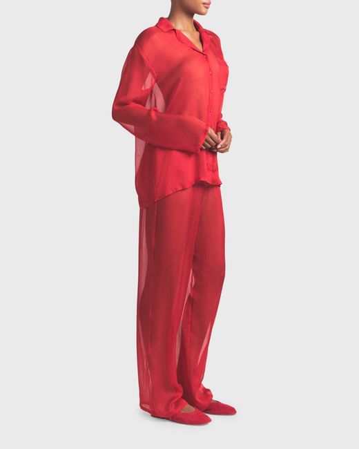 Skims Red Button-Down Sheer Silk Lounge Set