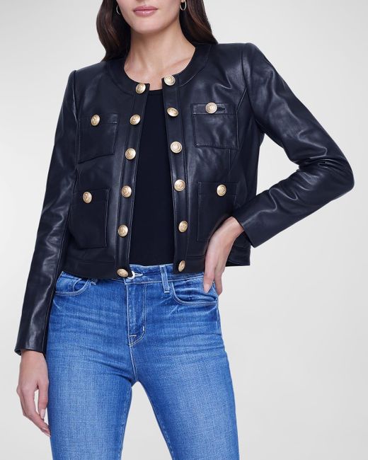 L'Agence Blue Jayde Collarless Leather Jacket