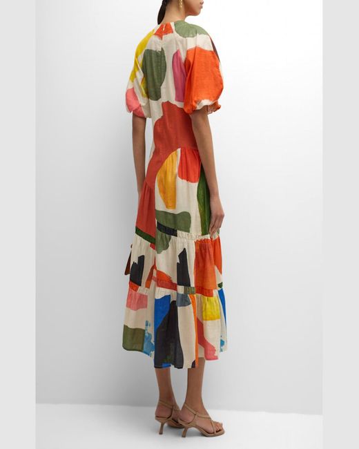 LOVEBIRDS Orange Mosaic Tiered Puff-Sleeve A-Line Midi Dress