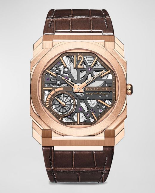 BVLGARI Pink 40mm Rose Gold Octo Finissimo Skeleton Watch With Alligator Strap, Brown for men