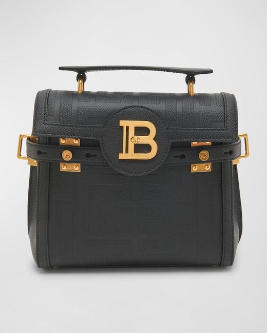 Balmain Gray Bbuzz 23 Top-handle Bag In Monogram Grained Leather