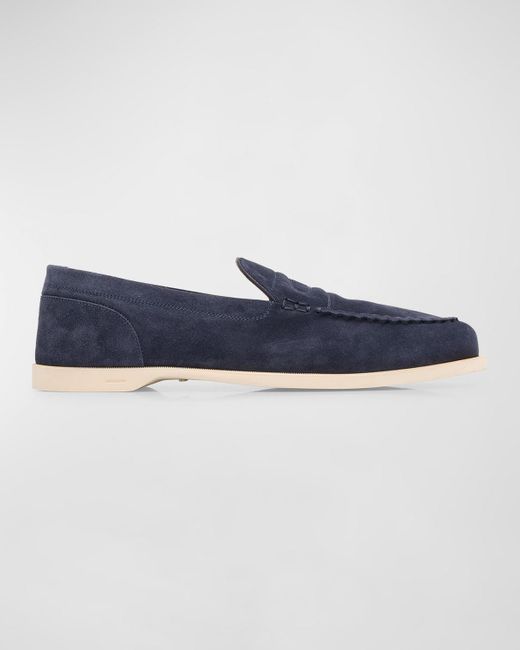 John Lobb Blue Pace Suede Penny Loafers for men