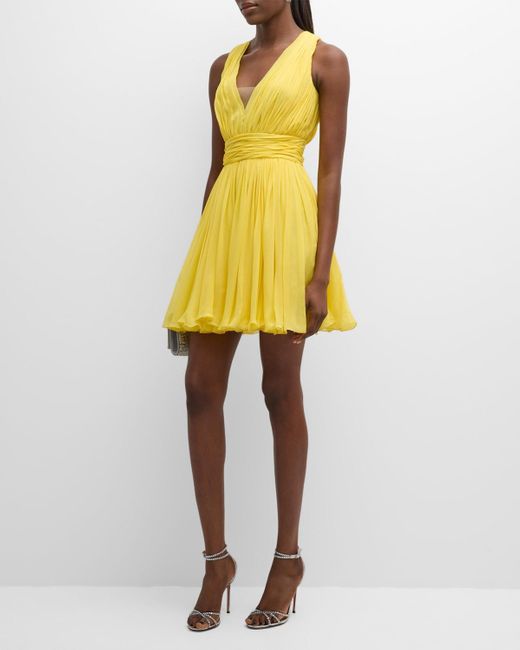 Giambattista Valli Yellow Plunging Pleated Sleeveless Silk Georgette Mini Dress