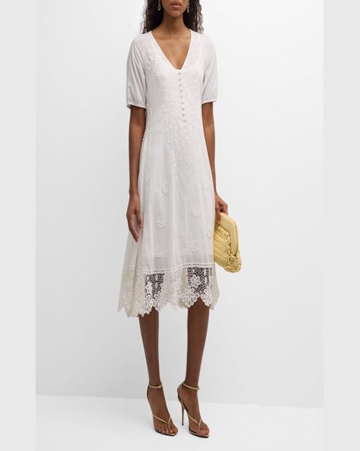 Johnny Was White Isabelle Embroidered Lace-Trim Midi Dress