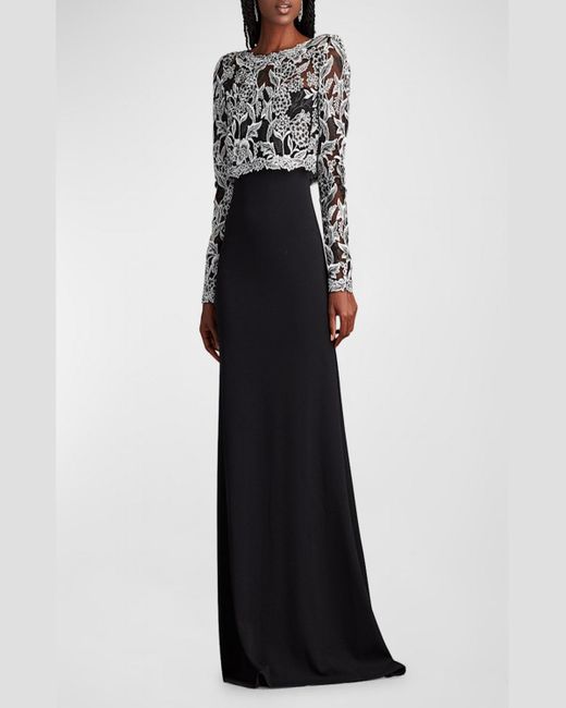 Tadashi Shoji Black A-Line Floral-Embroidered Lace & Crepe Gown