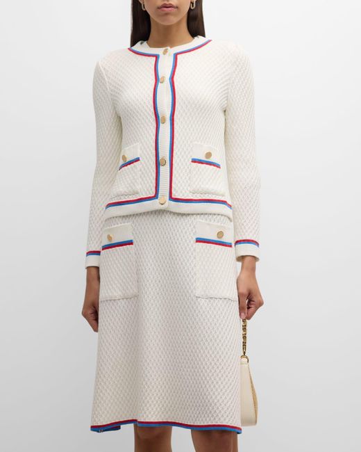 Misook White Heritage Contrast-Trim Intarsia Ribbed Soft Knit Jacket