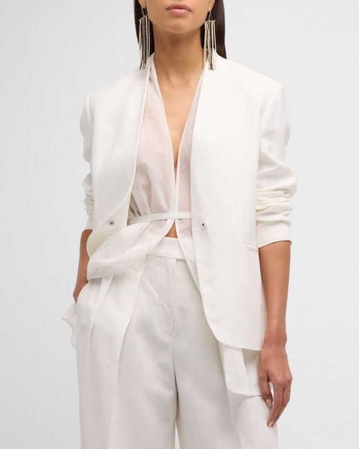 Brunello Cucinelli White Linen-blend Blazer Jacket With Crispy Organza Underlay