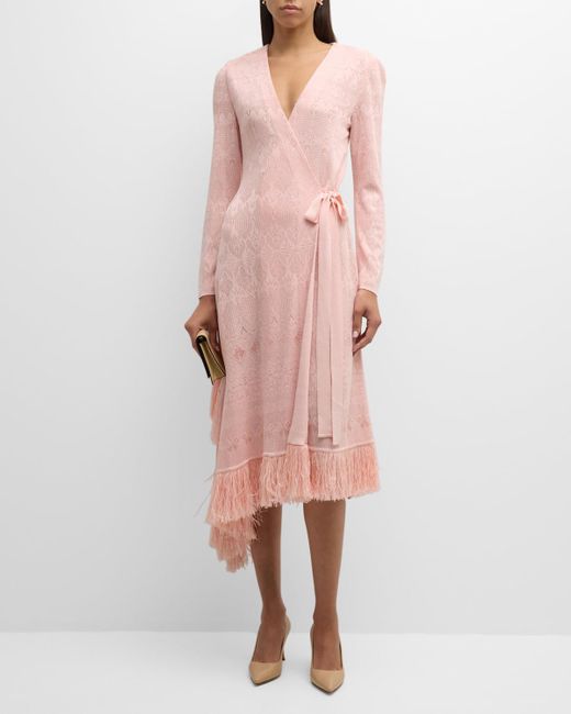 Misook Pink Fringe-Hem Jacquard-Knit Midi Wrap Dress