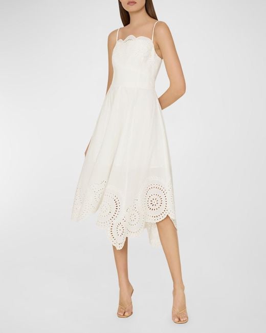 MILLY White Camilla Embroidered Handkerchief Midi Dress