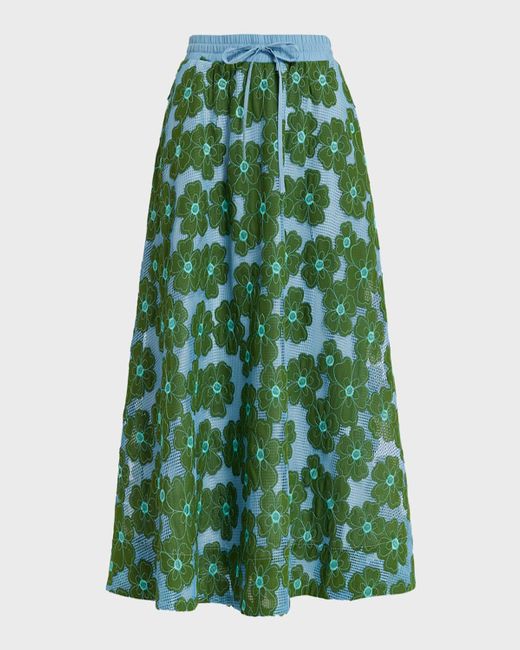 Essentiel Antwerp Green Feast Two-Tone Floral Embroidered Midi Skirt