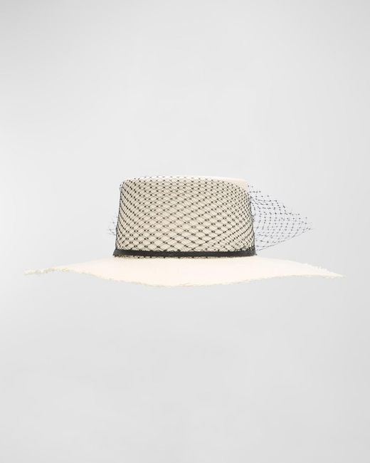 Sensi Studio White Glamour Veiled Straw Large Brim Hat
