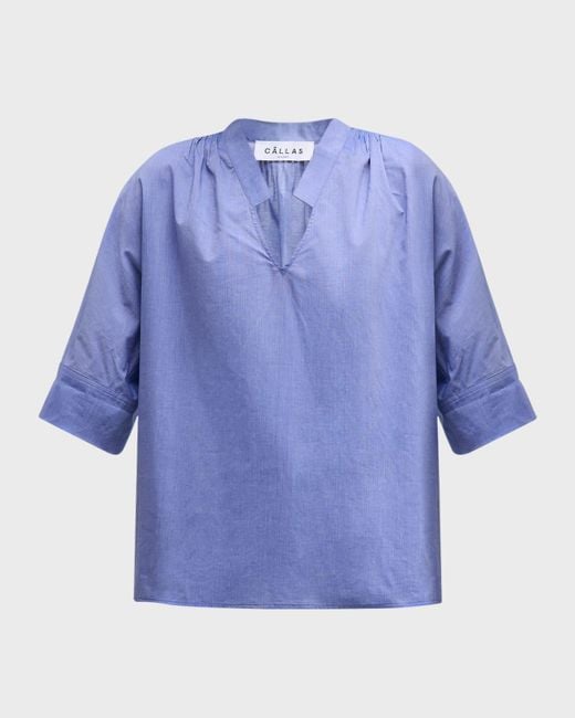 Callas Milano Blue Andie Cotton Blouse With Pleated Detail