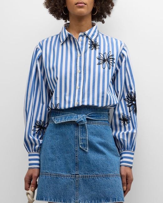 Tanya Taylor Blue Davina Cotton Stripe Floral Embroidered Shirt