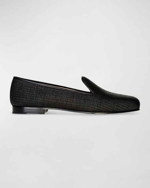 Stubbs And Wootton Black Woven Raffia Slippers for men