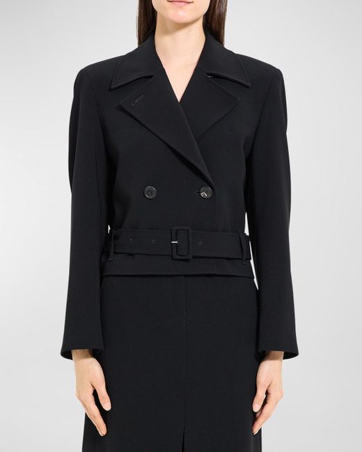 Theory Black Double-Breasted Admiral Crepe Crop Trench Coat