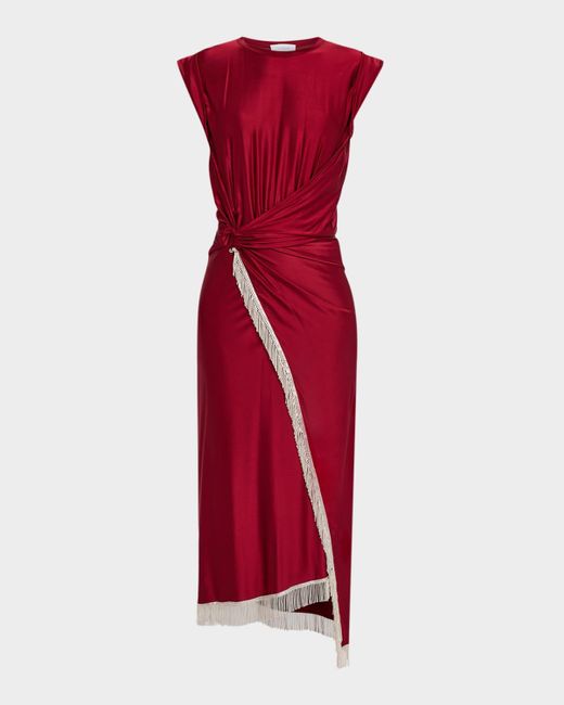 Rabanne Red O-Ring Wrap Fringed Midi Dress