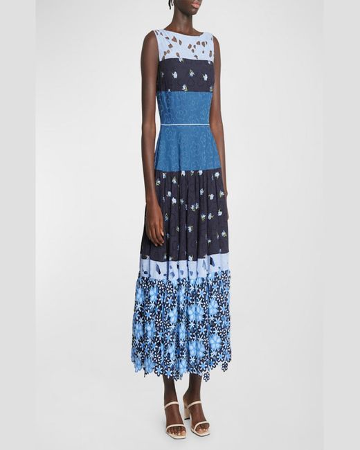 Talbot Runhof Blue Flower Embroidered Patchwork Sleeveless Tea-Length Dress