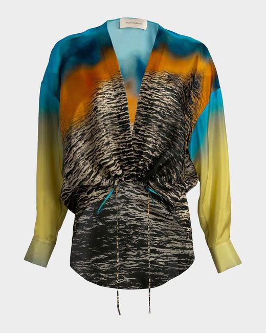 Silvia Tcherassi Blue Merida Drawstring High-Low Satin Blouse
