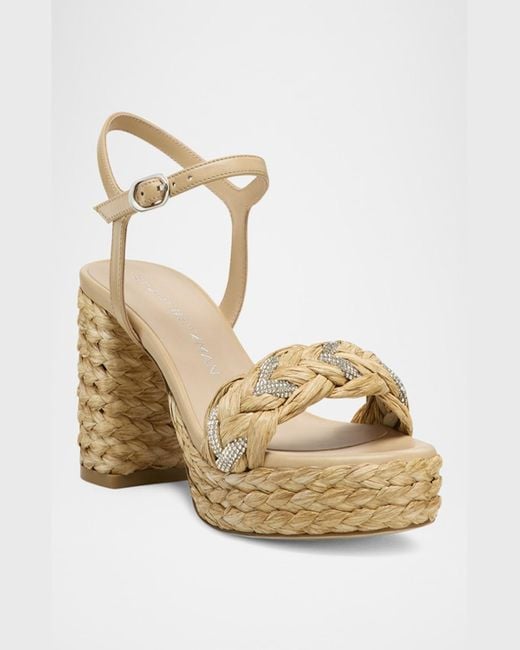 Stuart Weitzman Metallic Lana Raffia Crystal Platform Sandals
