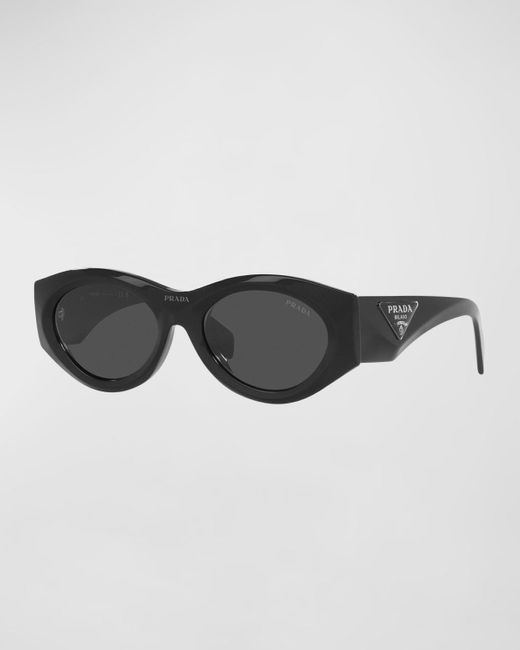 Prada Black Beveled Logo Acetate Oval Sunglasses