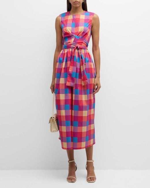 Misook Red Plaid Cotton Fit-And-Flare Maxi Dress
