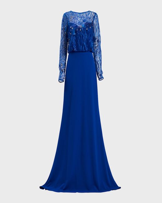 Tadashi Shoji Blue Sequin Embroidered A-Line Illusion Gown