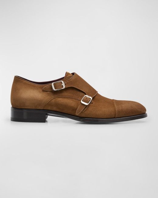 Brioni Brown York Suede Double-Monk Strap Loafers for men